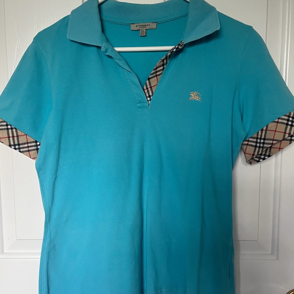 Burberry Turquoise Polo with Plaid Trim